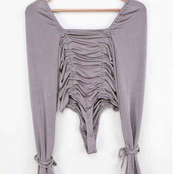 Free People Meant To Be Shiny Purple Ruched Long Sleeve Bodysuit Size S - Picture 4 of 6